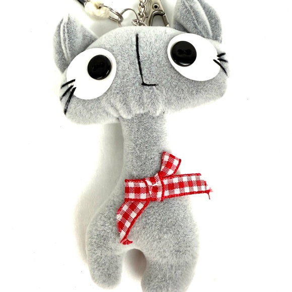 Cute Gray Cat Plush Keychain with Red Gingham Bow - Picture 3 of 9